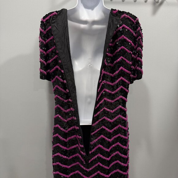 VTG 80s Glam Joan Leslie Black Silk Pink Chevron Sequin Dress Cocktail Size S? - Picture 6 of 15
